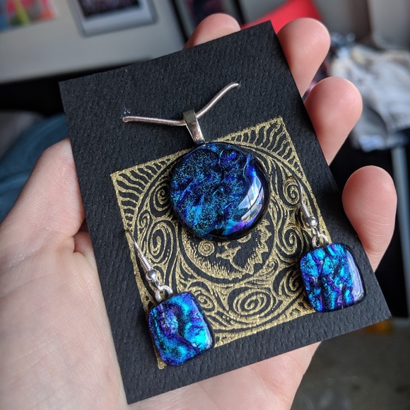 Blue Soft Glass Dichroic Pendant & Earring Set - Picture 2 of 4